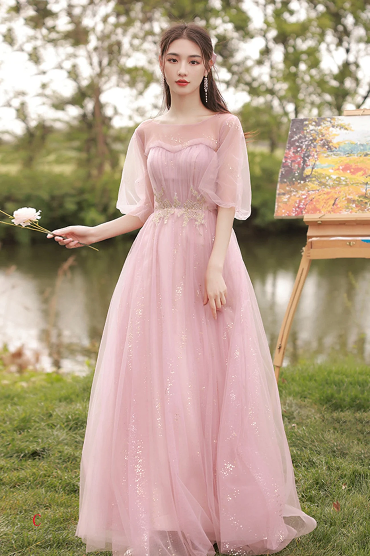 solvbao Pink Tulle Long Prom Dresses, A-Line Bridesmaid Dresses - Deanwangkt