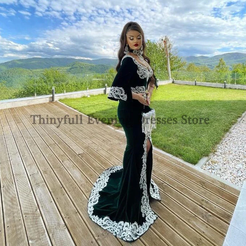 Black Moroccan Caftan Evening Dress Mermaid Velour Embroidery Half Sleeve Islamic Dubai Saudi Arabic Abaya Prom Dress - Deanwangkt