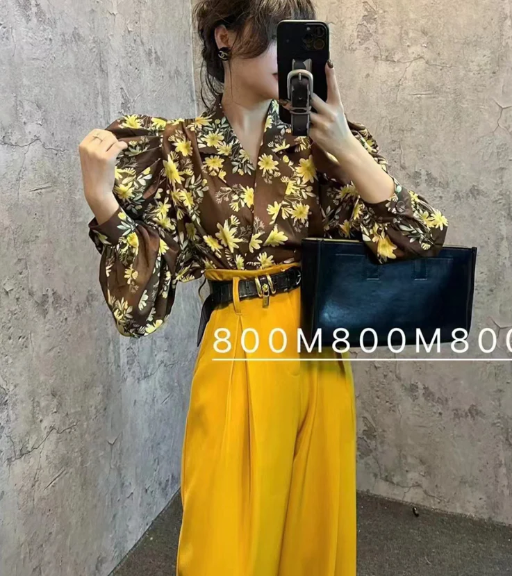 deanwangkt  Elegant Print Puffed Sleeve Blouse Top Autumn Womens Turn-Down Collars Half Sleeve Tie Dye Blouses Shirt Outwears - Deanwangkt