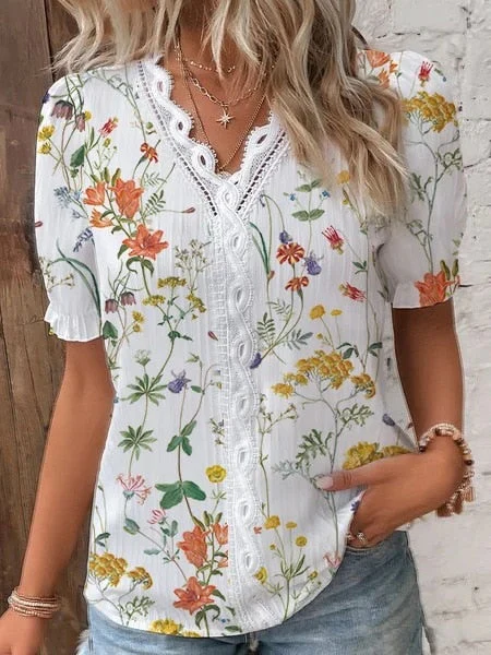 deanwangkt Casual V Neck Lace Hollow Out Shirt Blouse Office Lady Summer Elegant Floral Print Short Sleeve Shirts For Women White Tops - Deanwangkt
