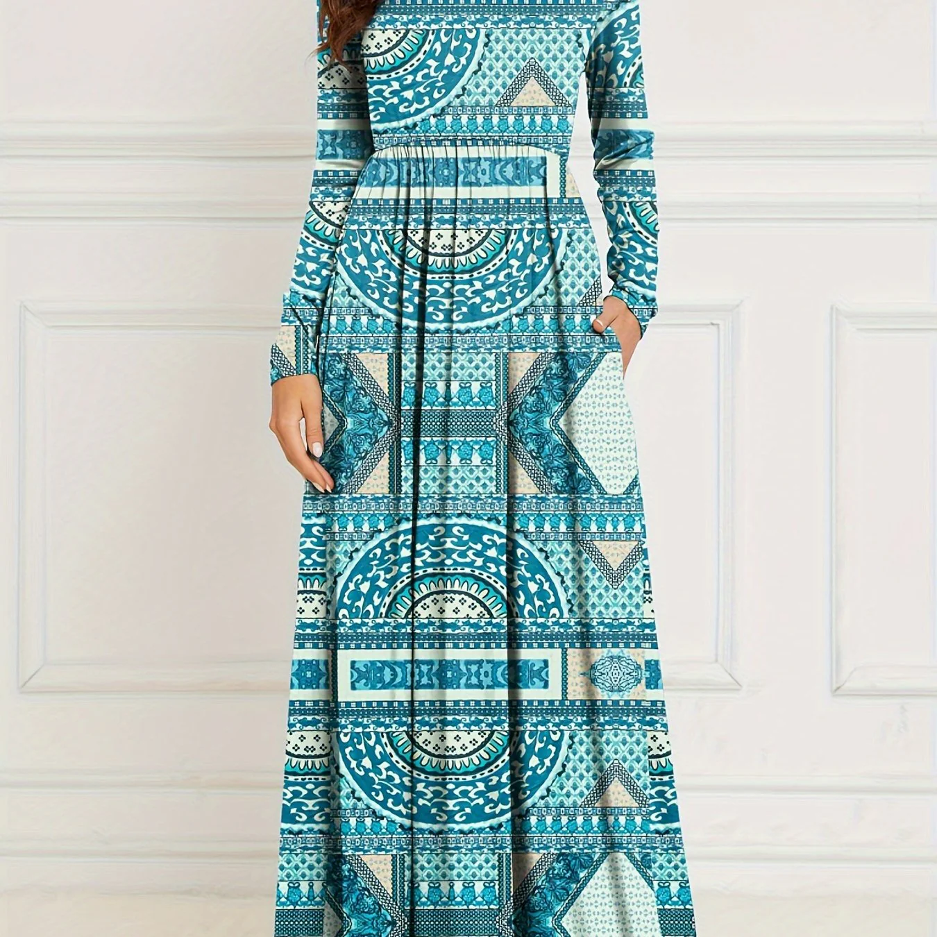 Geometric Print Crew Neck Dress, Elegant Long Sleeve Pleated Maxi Dress, Women's Clothing - Deanwangkt