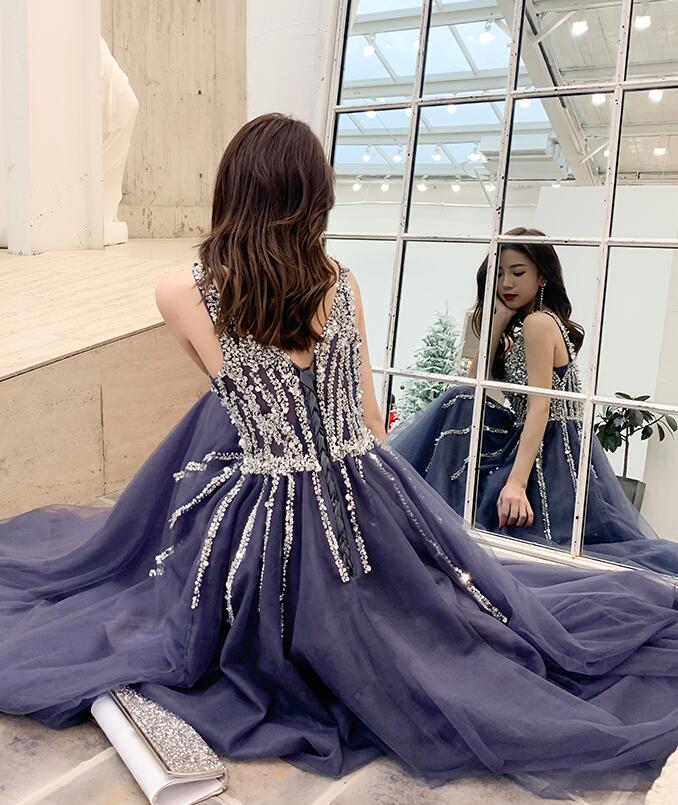 Solvbao Purple V-neckline Beaded Tulle Long Formal Dresses, Purple Evening Gown Prom Dresses - Deanwangkt