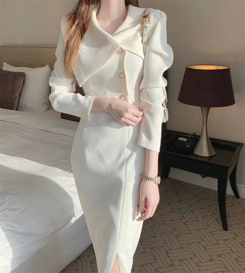 Joskka Fashion Solid Temperament Mid-Length Dress Korean Sweet Lapel Sexy Slim Hip Split Dress Women's  Fall Hoco Dress - Deanwangkt