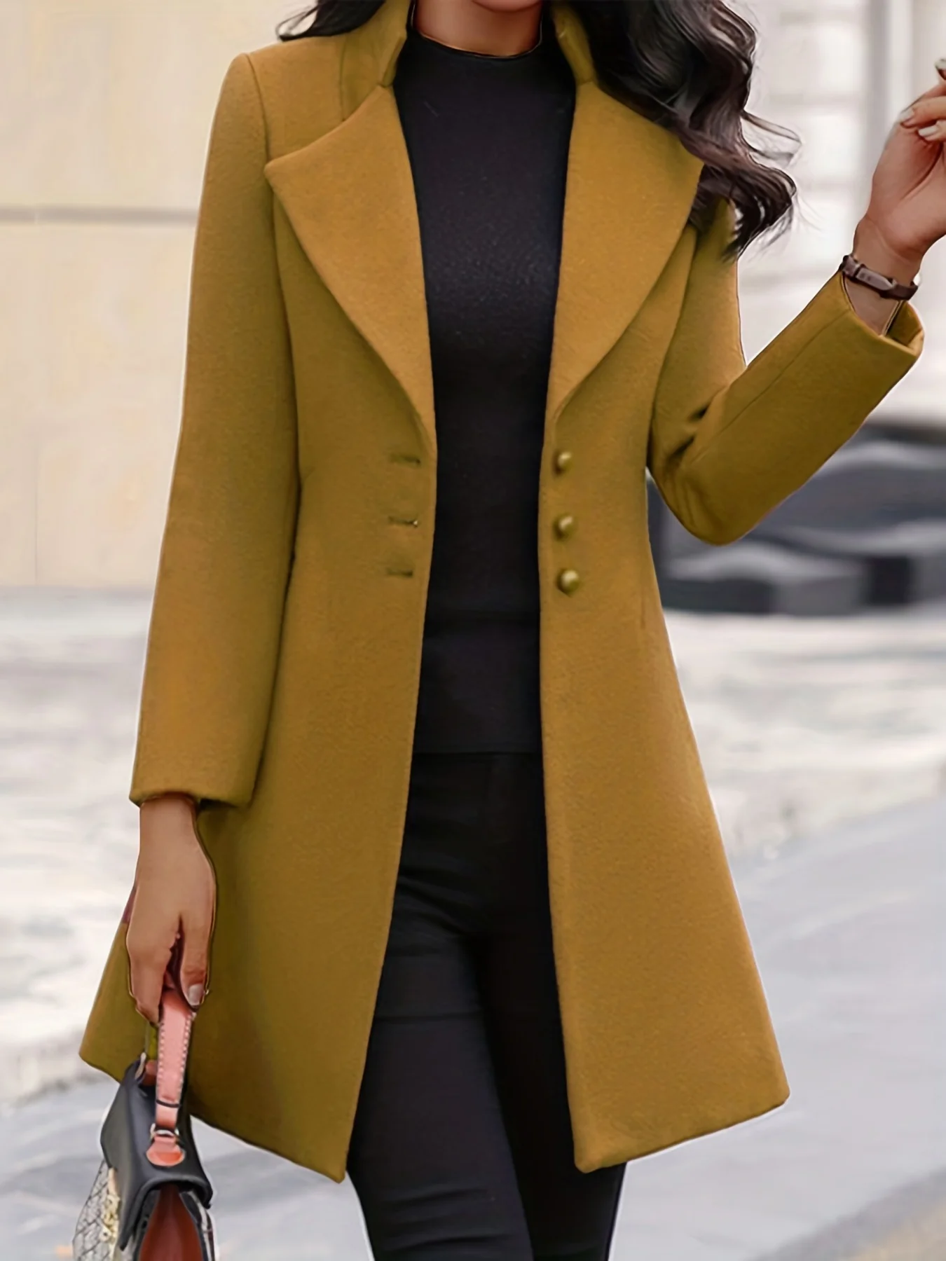 deanwangkt Button Front Lapel Coat, Elegant Long Sleeve Solid Outerwear, Women's Clothing - Deanwangkt