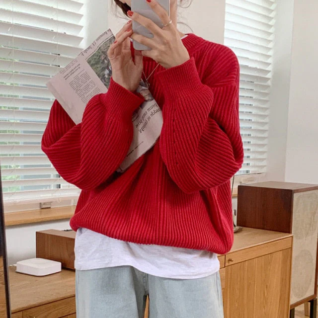 deanwangkt Women Solid Knitted Thickening Oversized Sweater Female Round Neck Long Sleeve Casual Loose Pullovers Top  Autumn Winter - Deanwangkt