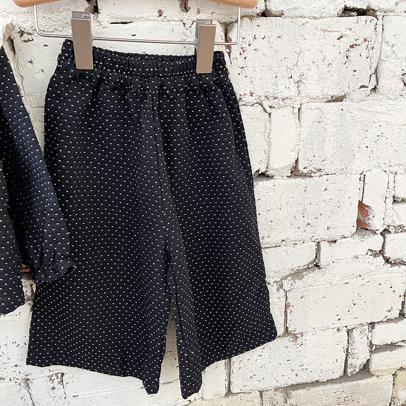 deanwangkt  Spring cute baby girl polka dot black outfits Girls fashion big turn-down collar shirt and wide leg pants 2pcs sets Kids clothes - Deanwangkt