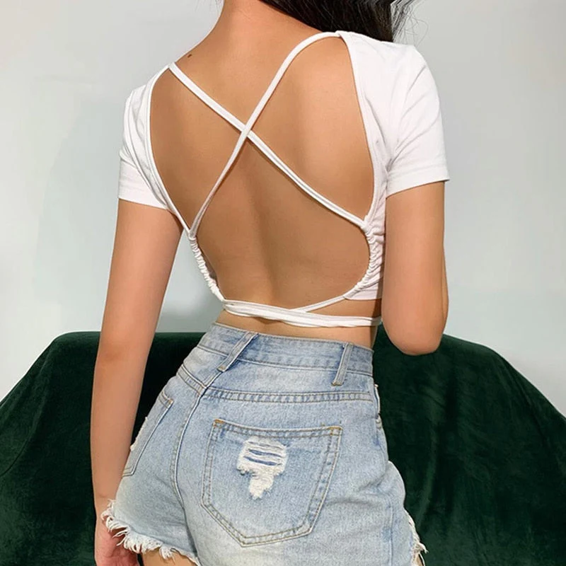 deanwangkt Women Sexy Harajuku Open Back Crop Tops Summer Ladies Bandage Lace-up Backless White Tank Tops High Street Slim Halter Tops - Deanwangkt
