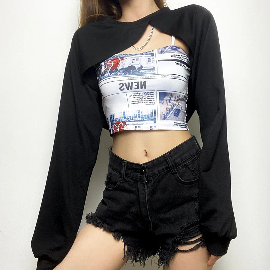 Gothic hollow tshirt 2 pieces crop top summer black Punk bandage tassel top high streetwear party top cotton tees female - Deanwangkt
