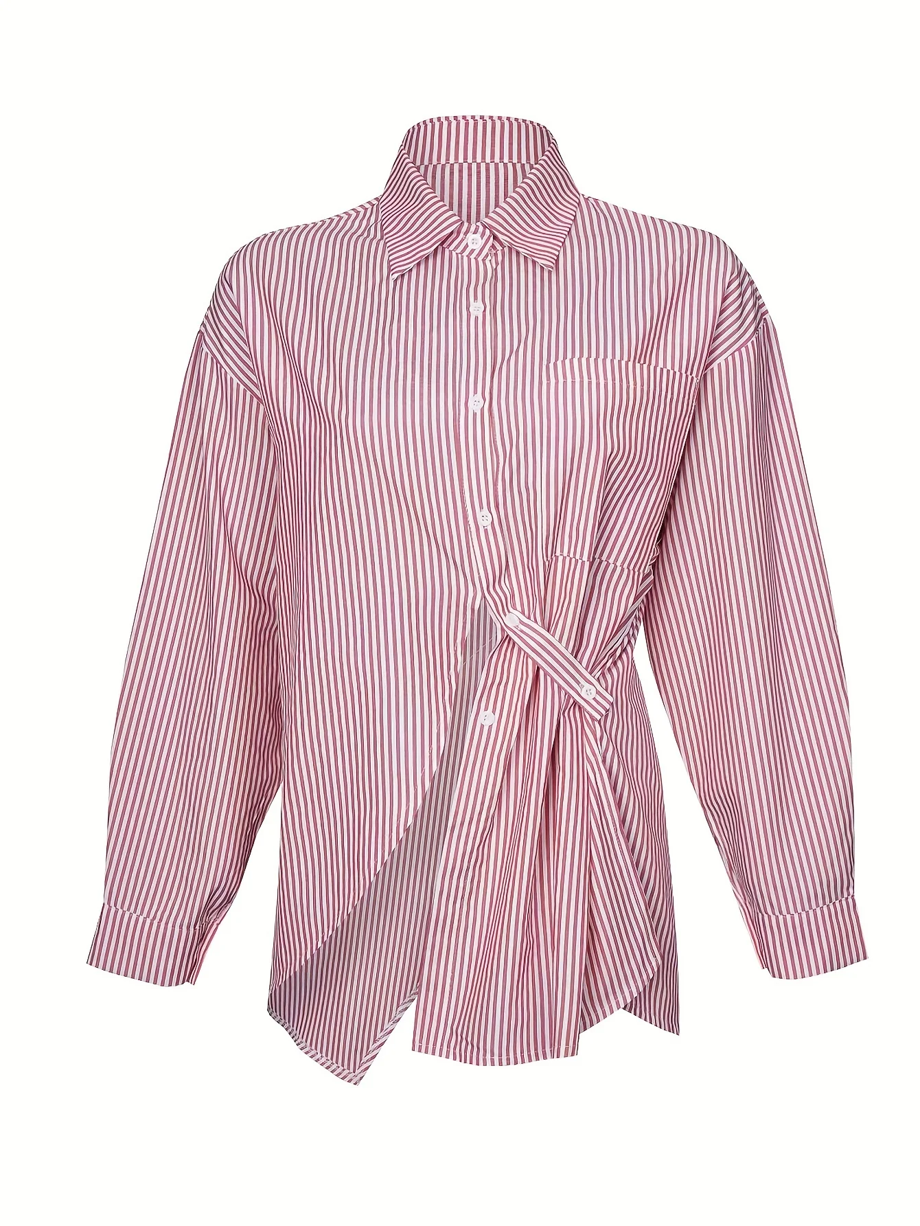 Striped Print Split Shirt, Casual Button Front Long Sleeve Shirt, Women's Clothing - Deanwangkt