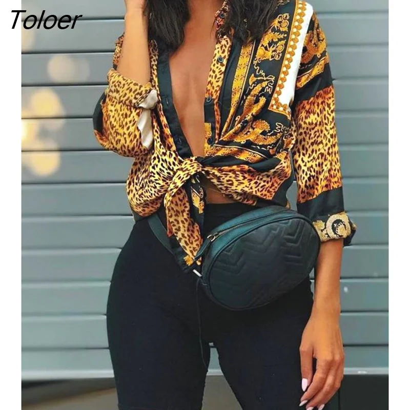 deanwangkt Spring Women Elegant Party Loose Button Shirt Turn-down Collar Female Leopard Print Knot Front Long Sleeve Blouse - Deanwangkt