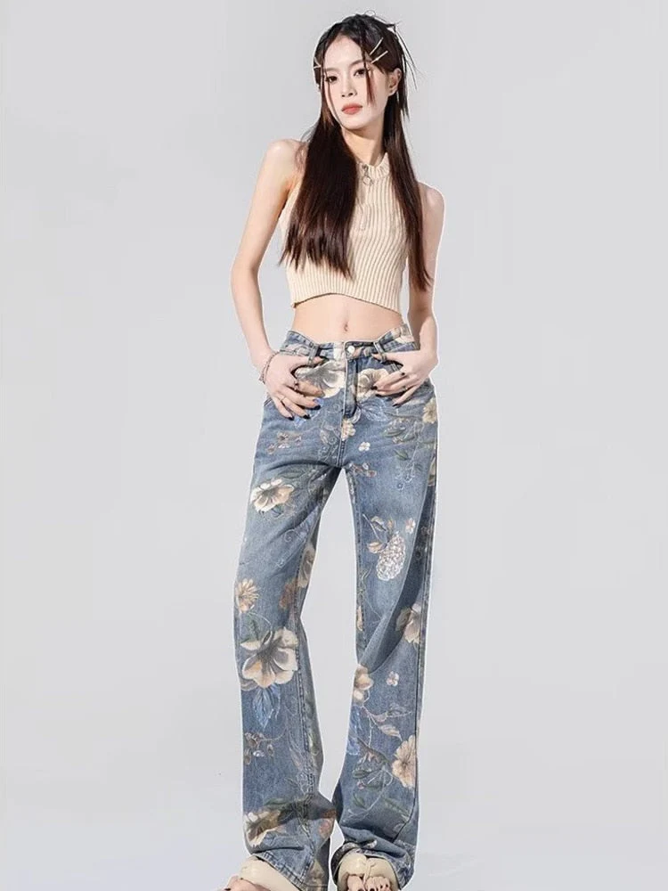 deanwangkt Street Printed Jeans, Female Niche Design, Trendy Vibe High Waisted Drape, Straight Leg Wide Leg Long Pants, Women's Jeans - Deanwangkt