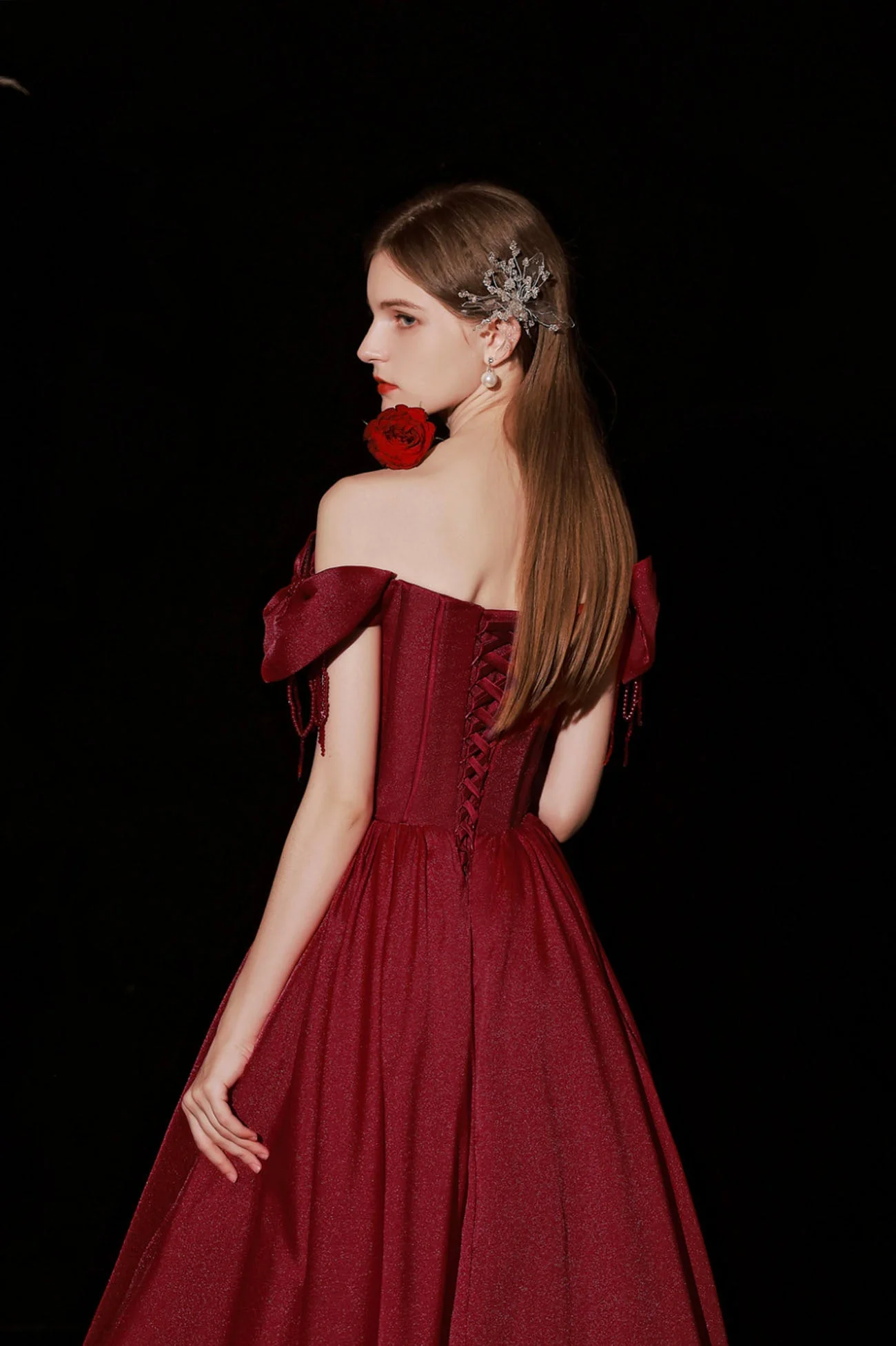 solvbao Burgundy Satin Long Prom Dresses, A-Line Off the Shoulder Formal Dresses - Deanwangkt
