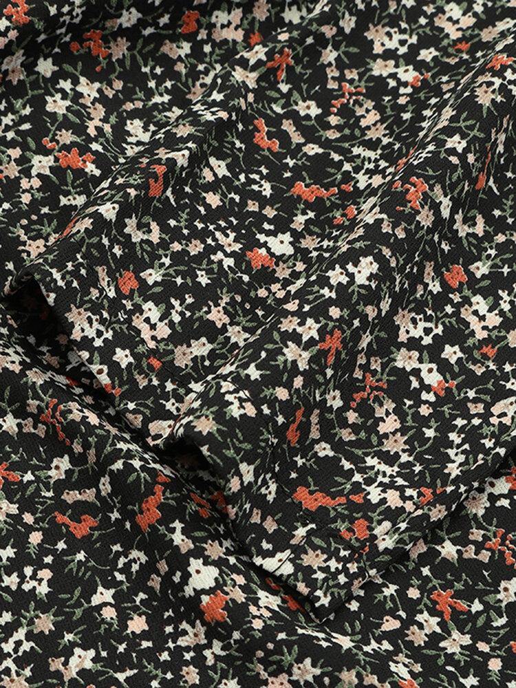 deanwangkt Women Square Neck High Split Floral Print Long Sleeve Casual Slim Fit Midi Dress - Deanwangkt