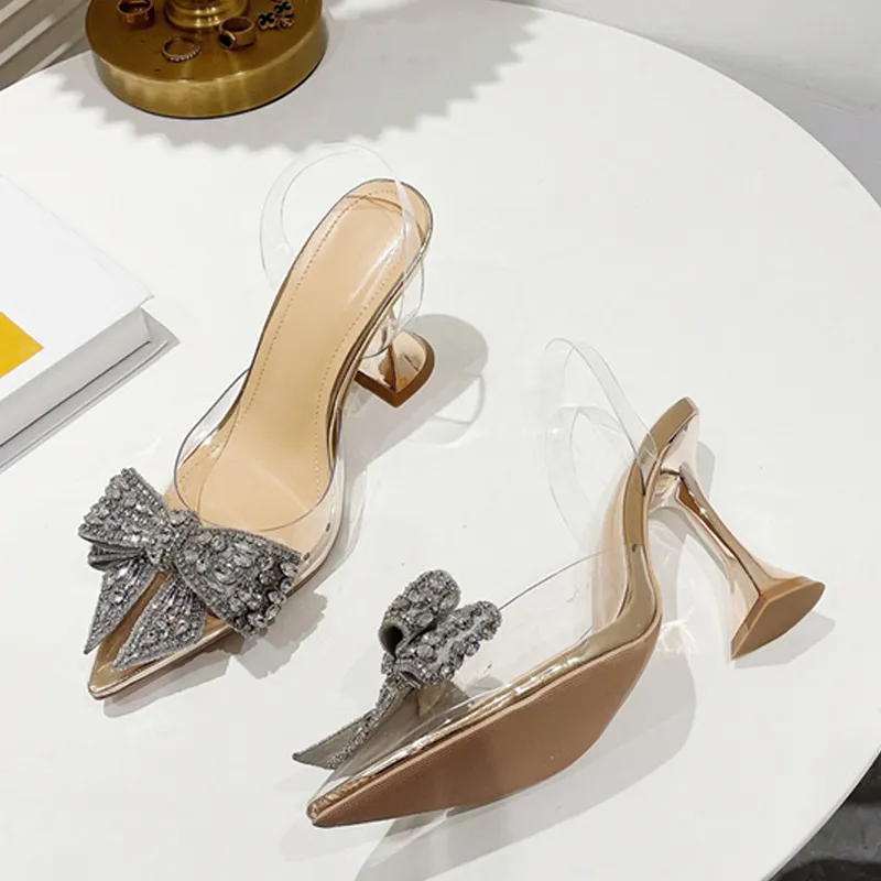 deanwangkt Fashion Crystal Sequined Bowknot Women Pumps Sexy Pointed Toe High Heels Wedding Prom Shoes Ladies PVC Transparent Sandals - Deanwangkt