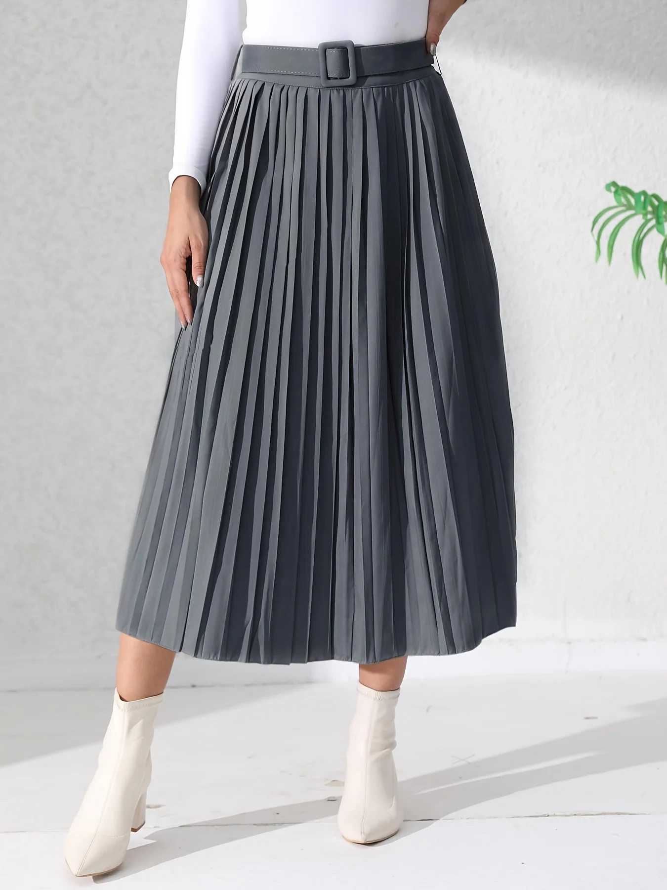 Solid Pleated Skirt, Casual Midi Skirt For Spring & Summer, Women's Clothing - Deanwangkt
