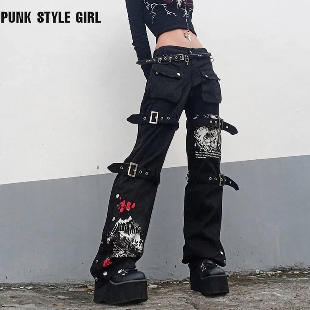 deanwangkt Gothic Emo Alt Cargo Pants Techwear Hip Hop Jeans Lazy Goth Punk Black Denim Trousers Streetwear Academic Low Waist Joggers Y2k - Deanwangkt