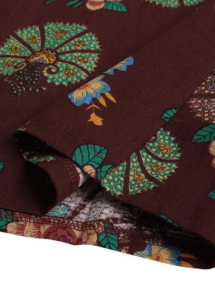 deanwangkt Women Retro Floral Print O-neck Button Robe Shirt Maxi Dress With Pocket - Deanwangkt