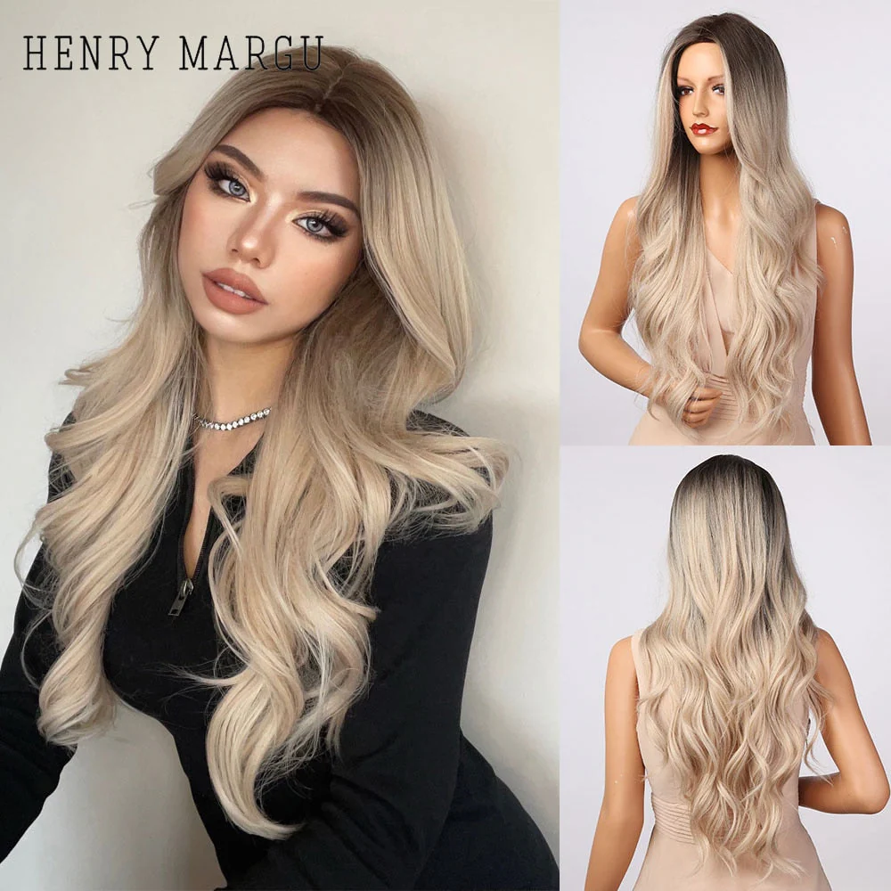 Long Ombre Brown Light Ash Platinum Blonde Wavy Wigs Cosplay Party Synthetic Wig for Women High Temperature Fibre - Deanwangkt
