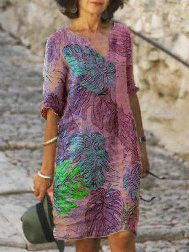 deanwangkt Women Plant Leaves Print Notched Neckline Vintage Half Sleeve Dresses - Deanwangkt