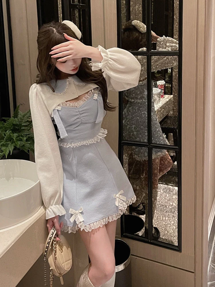 deanwangkt Lace Japanese Sweet Lolita Dress Women Bow Pink Kawaii Party Mini Dresses Female Blue Princess Korean Fashion Dresse Winter - Deanwangkt