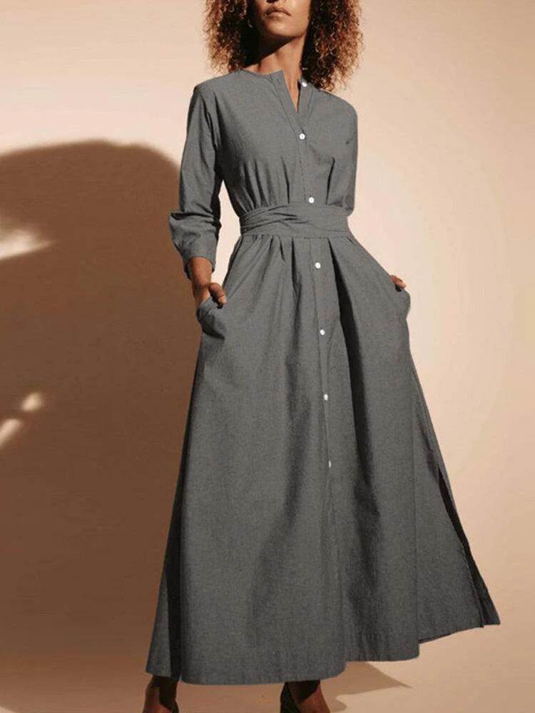 deanwangkt Women Solid Color O-neck Belted Long Sleeve Side Split Hem Shirt Dress With Pocket - Deanwangkt