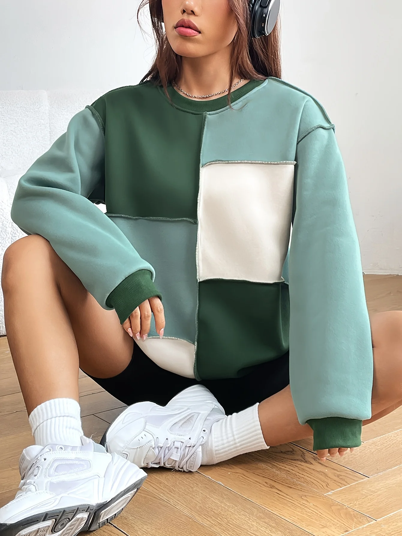 deanwangkt-1 Color Block Crew Neck Sweatshirt, Casual Long Sleeve Drop Shoulder Sweatshirt, Women's Clothing - Deanwangkt