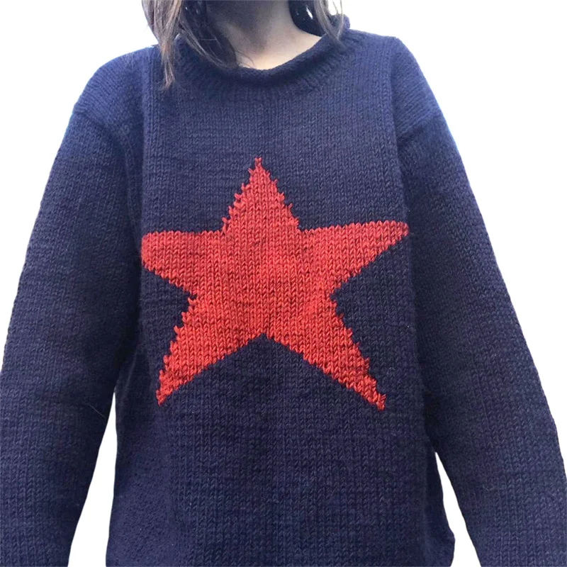 deanwangkt women loose knitted sweater Star Pattern Pullovers Ladies Round Collar Long Sleeve Knitwear Jumpers Y2k Clothes Streetwear - Deanwangkt