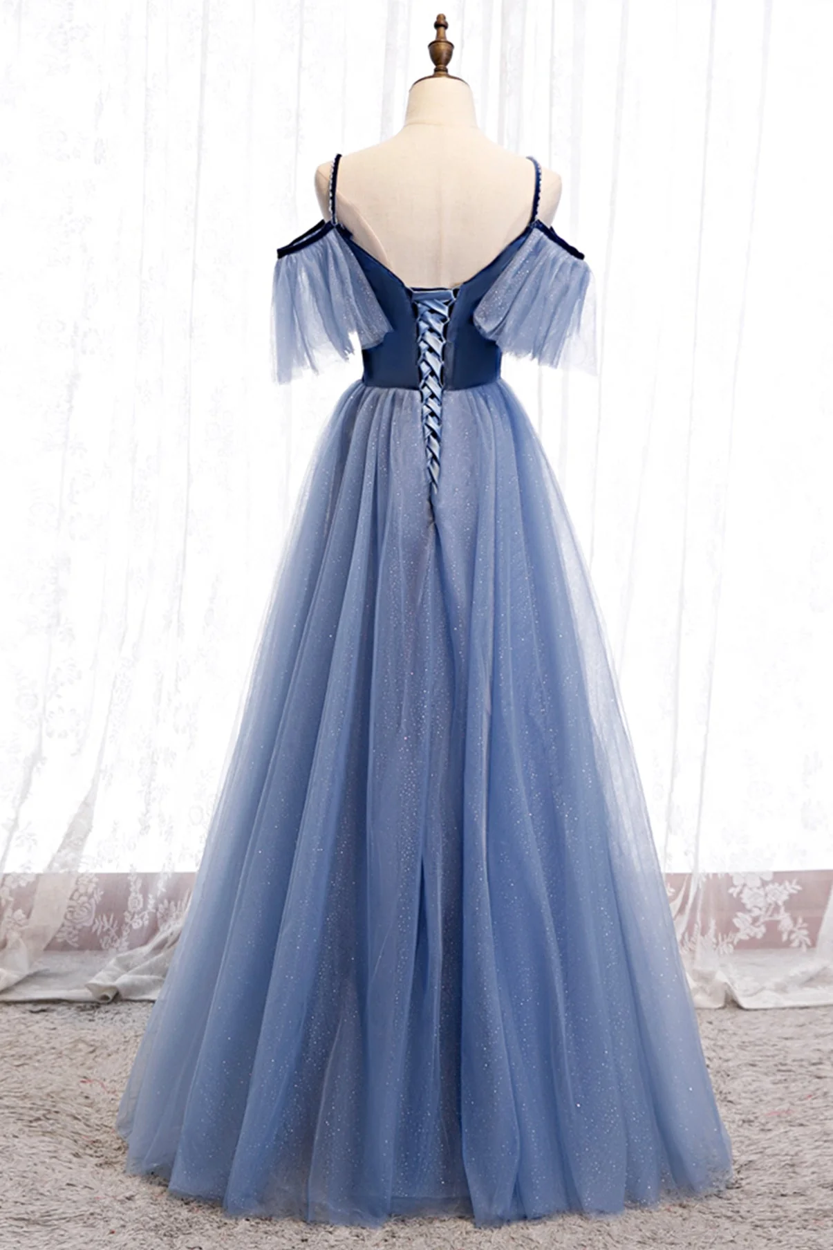 solvbao Blue Velvet Tulle Long Prom Dresses, Blue A-Line Evening Dresses - Deanwangkt
