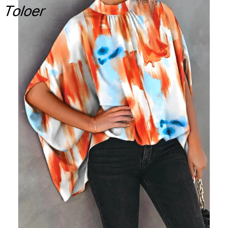 deanwangkt Loose Women's Blouse Fashion Batwing Sleeve Print O-neck Shirts Top  Spring Summer Office Lady Blouses Elegant Tops - Deanwangkt