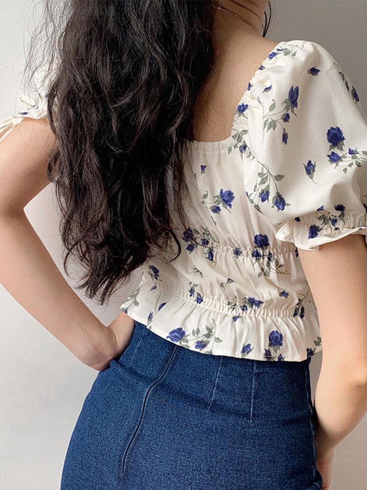 deanwangkt Puff Sleeve Casual Floral Summer Blouse For Women - Deanwangkt