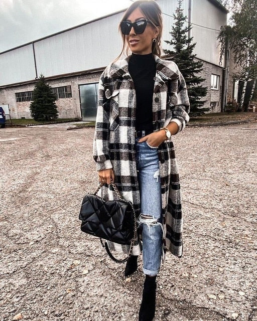 deanwangkt Women's Coat Autumn Winter Long Sleeve Red Plaid Jacket Women Lapel Single Breasted Cardigan Coat Turndown Collar Women Coat - Deanwangkt