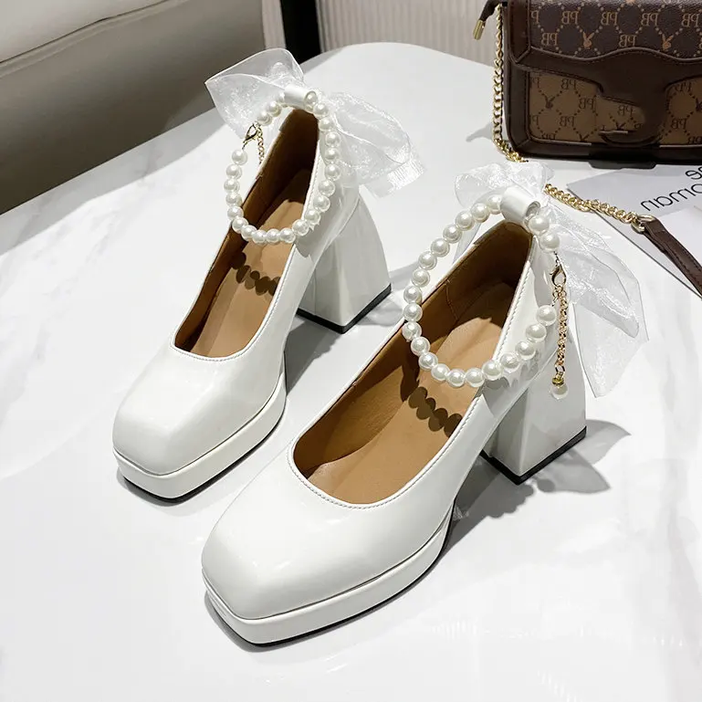 deanwangkt New Pearls Strap Square Heels Pumps Women Shoes Fashion Pu Leather Platform Mary Janes Woman High Heels Party Wedding Shoes - Deanwangkt