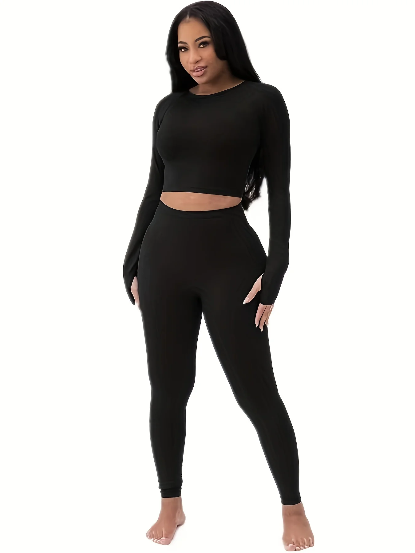 deanwangkt-1  Solid Bodycon Two-piece Set, Crew Neck Long Sleeve Tops & High Waist Long Length Pants Outfits, Women's Clothing - Deanwangkt