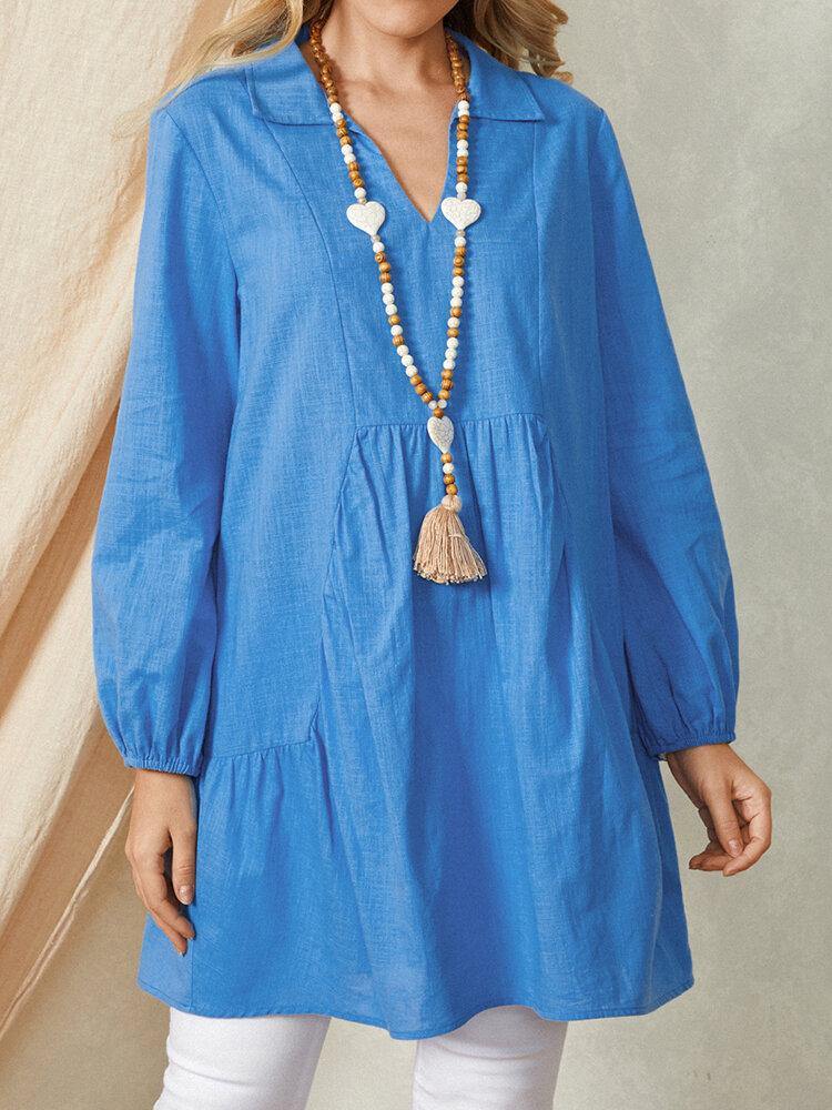 deanwangkt Puff Sleeve Lapel Pleated Stitching Elastic Cuffs Solid Daily Casual Cotton Blouse For Women - Deanwangkt