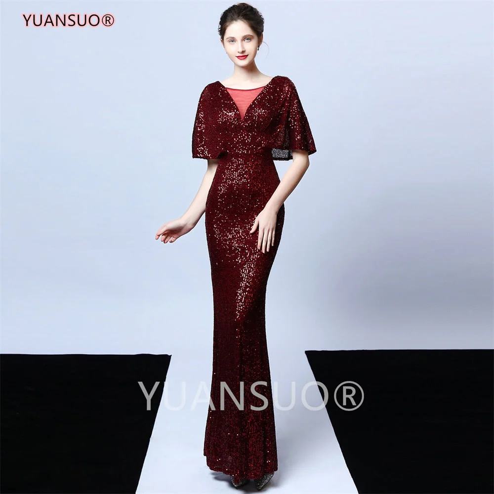 DEANWANGKT Golden Evening Dresses Mermaid Short Sleeves Sexy V Neck Evening Gown Elegant Glitter Bat Sleeves Formal Party Dress - Deanwangkt