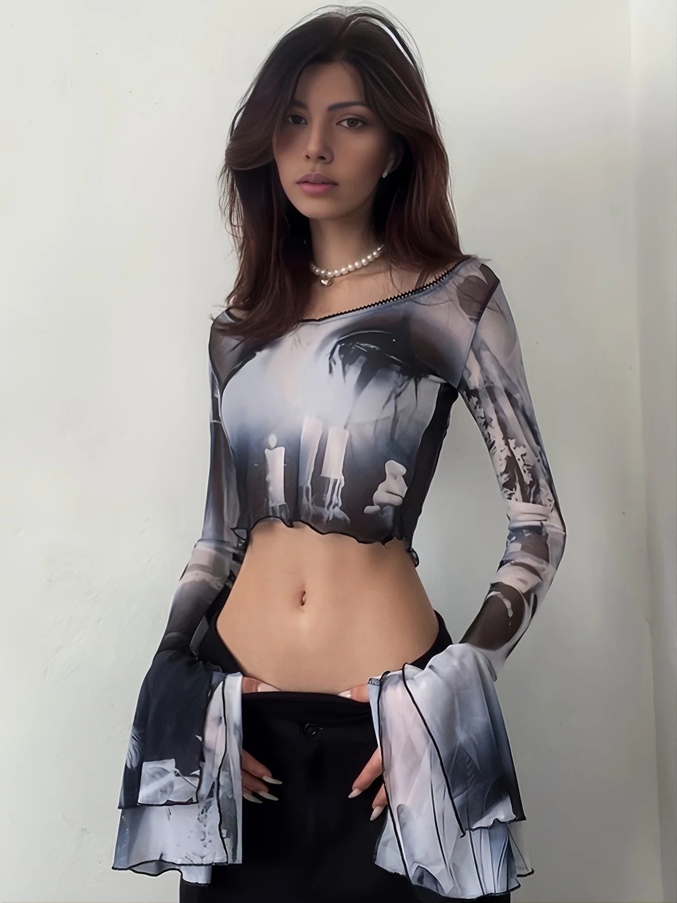 deanwangkt-1 Y2K Mesh Flared Sleeve Crop Top, Sexy Long Sleeve Crew Neck Top, Women's Clothing - Deanwangkt