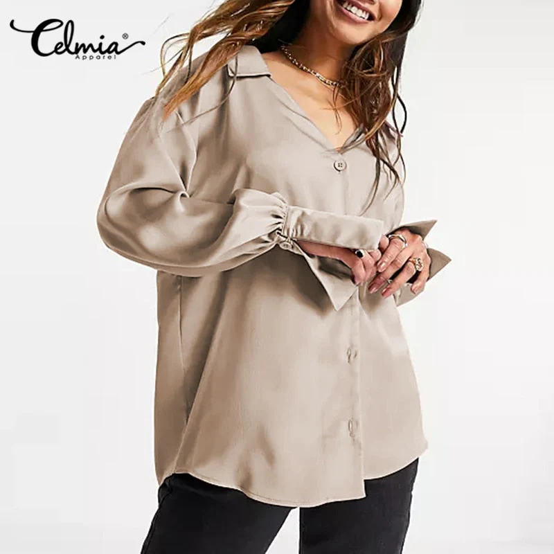 Women Satin Elegant Shirts  Fashion Long Sleeve Solid Tops Autumn Ladies Casual Lapel Collar Button Party Blouses - Deanwangkt