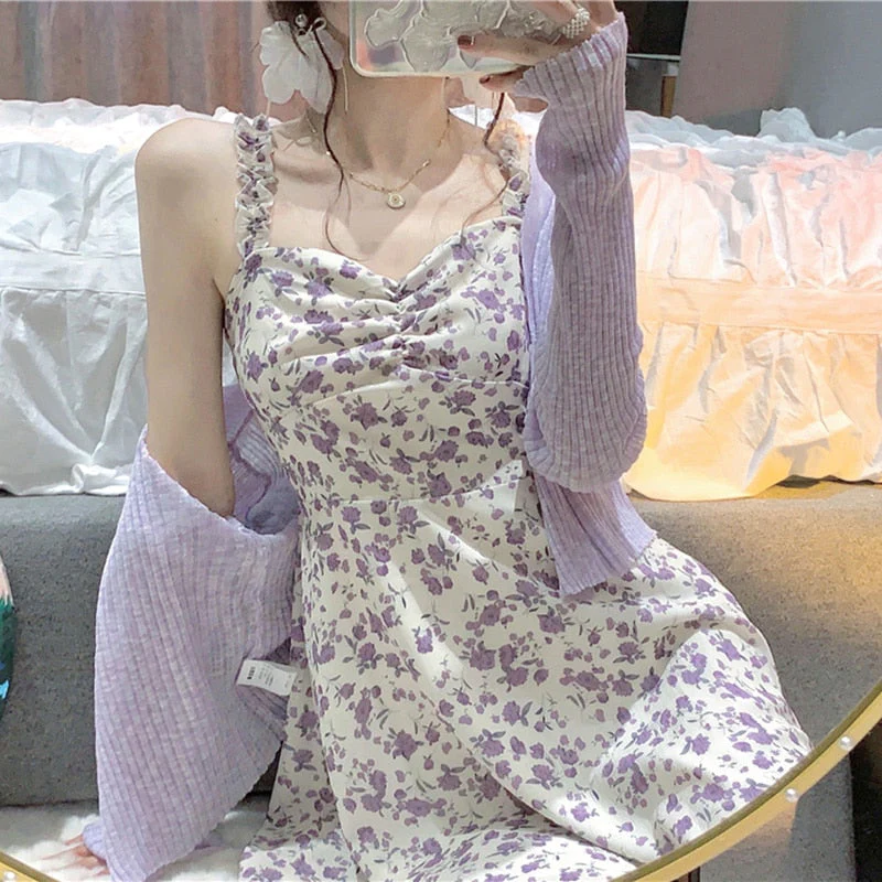 Floral Slip Dress Ladies Mini A-line Strap Dress  High Waist Ruched Purple Sundress For Women Spring  Clothing Robe Femme Fairy Dress - Deanwangkt