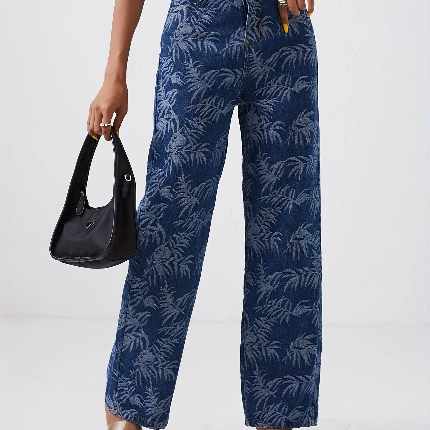 Leaf Print Chic Straight Jeans, Loose Fit Non-Stretch High Waist Denim Pants, Women's Denim Jeans & Clothing - Deanwangkt