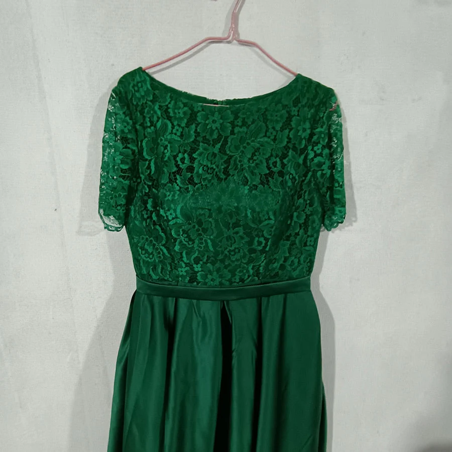 AE09 Navy Blue Satin Prom Dresses O-Neck Lace Short Sleeve Asymmetrical Sexy Party Gowns Vestidos Largos - Deanwangkt