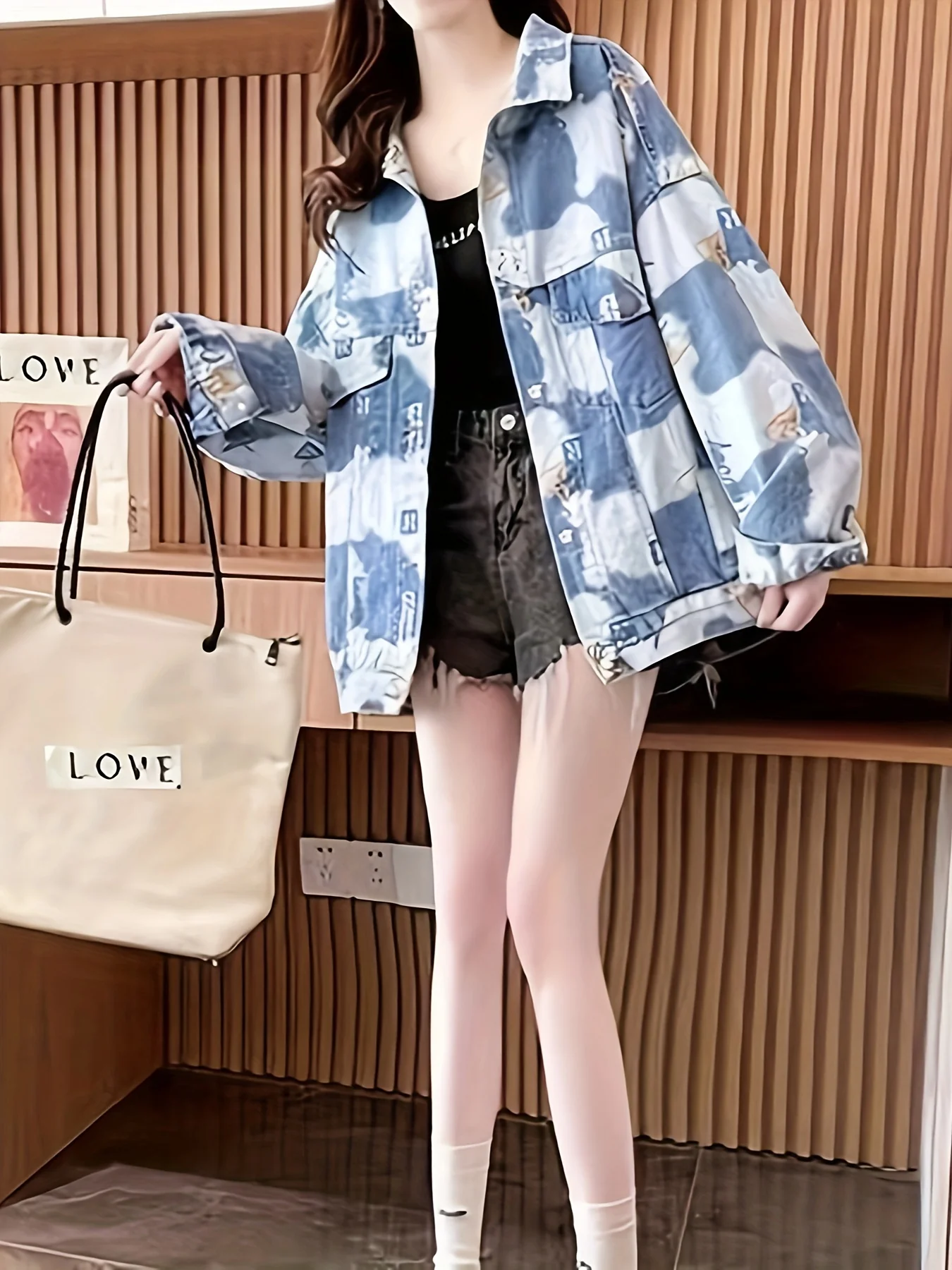 deanwangkt-1  Letter Print Acid Washed Boyfriend Style Denim Coat, Flap Chest Pocket Long Sleeve Oversize Denim Jacket, Women's Denim Jeans & Clothing - Deanwangkt