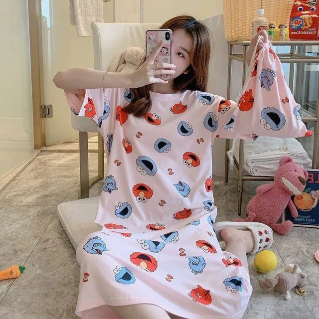 deanwangkt  Women Short Sleeve Sleepwear Cotton Night Gowns Summer Cartoon Nightgowns Home Wear Girls Sleep Lounge Sleeping Dress - Deanwangkt