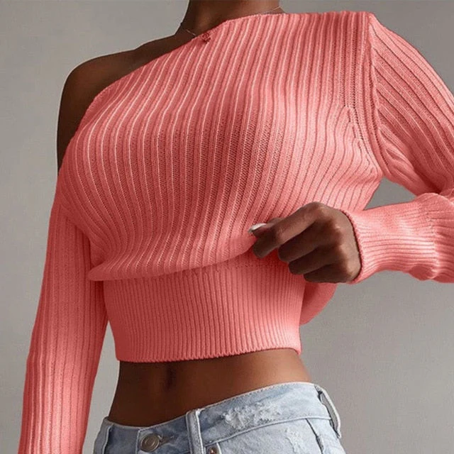 deanwangkt New Sexy Off Shoulder Women' Sweater Jumper Spring Long Sleeve Knitted Crop Tops Fashion Solid Lady Pullover Sweaters Streetwear - Deanwangkt