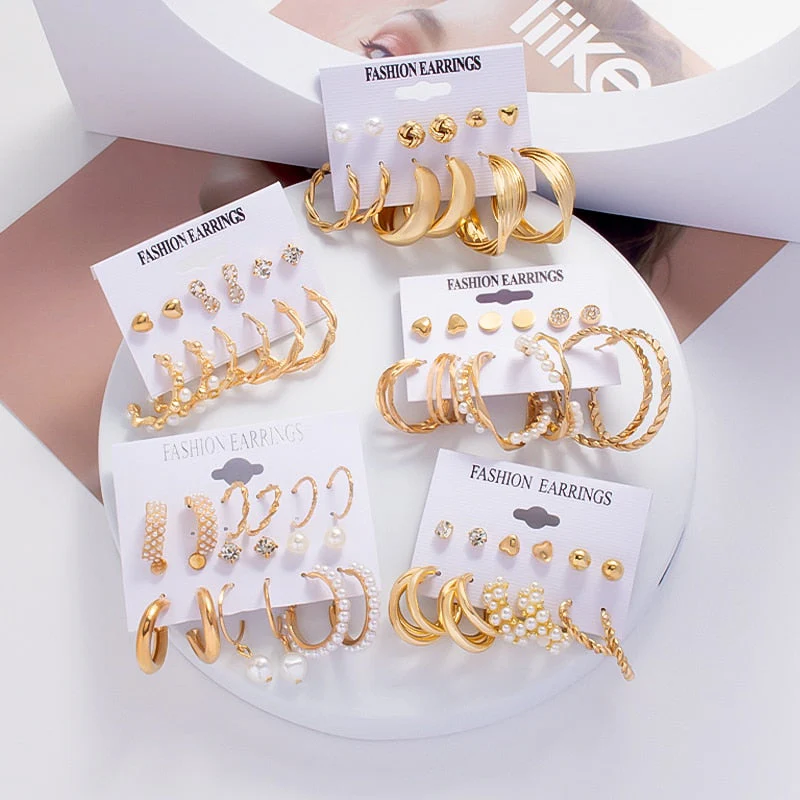 DEANWANGKT 6Pairs Punk Metal Pearls Big Hoop Earrings for Women Bohomia Gold Color Chain Circle Geometric Drop Earring Fashion Jewelry - Deanwangkt