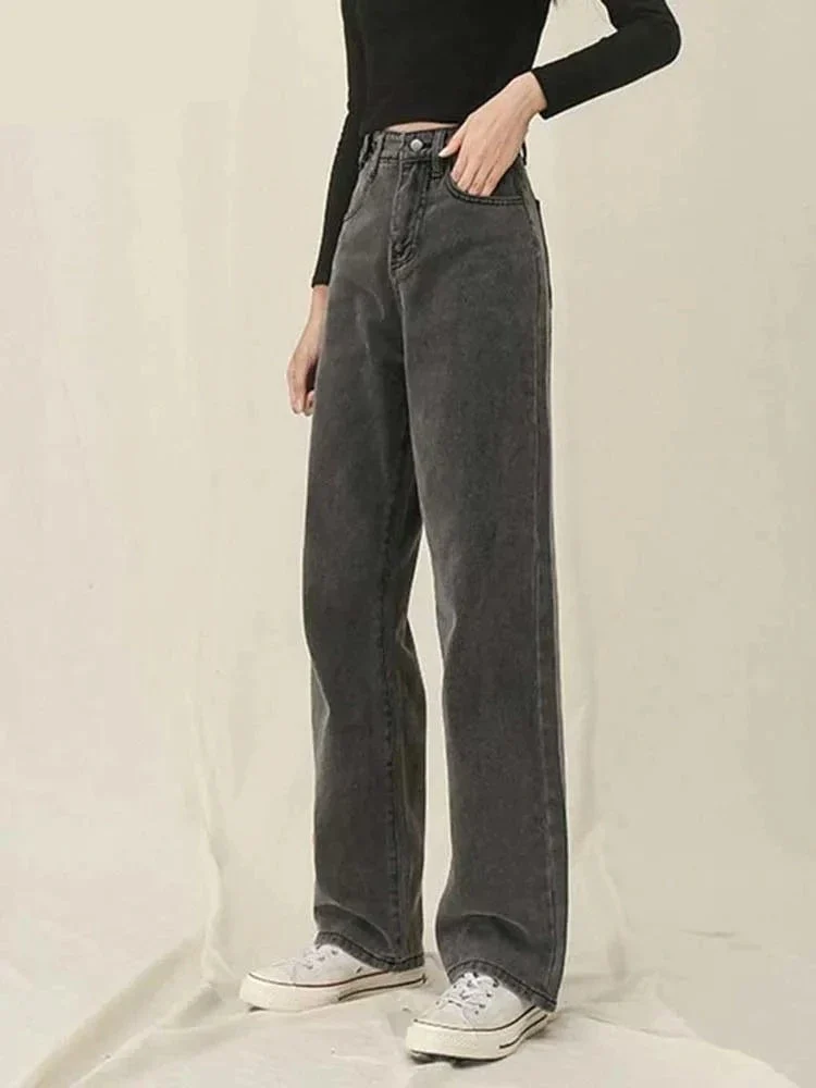 deanwangkt High Waisted Jeans For Women Denim Joggers Pants Mom Trousers Lace Up Button Full Length Straight  Fashion Gray - Deanwangkt