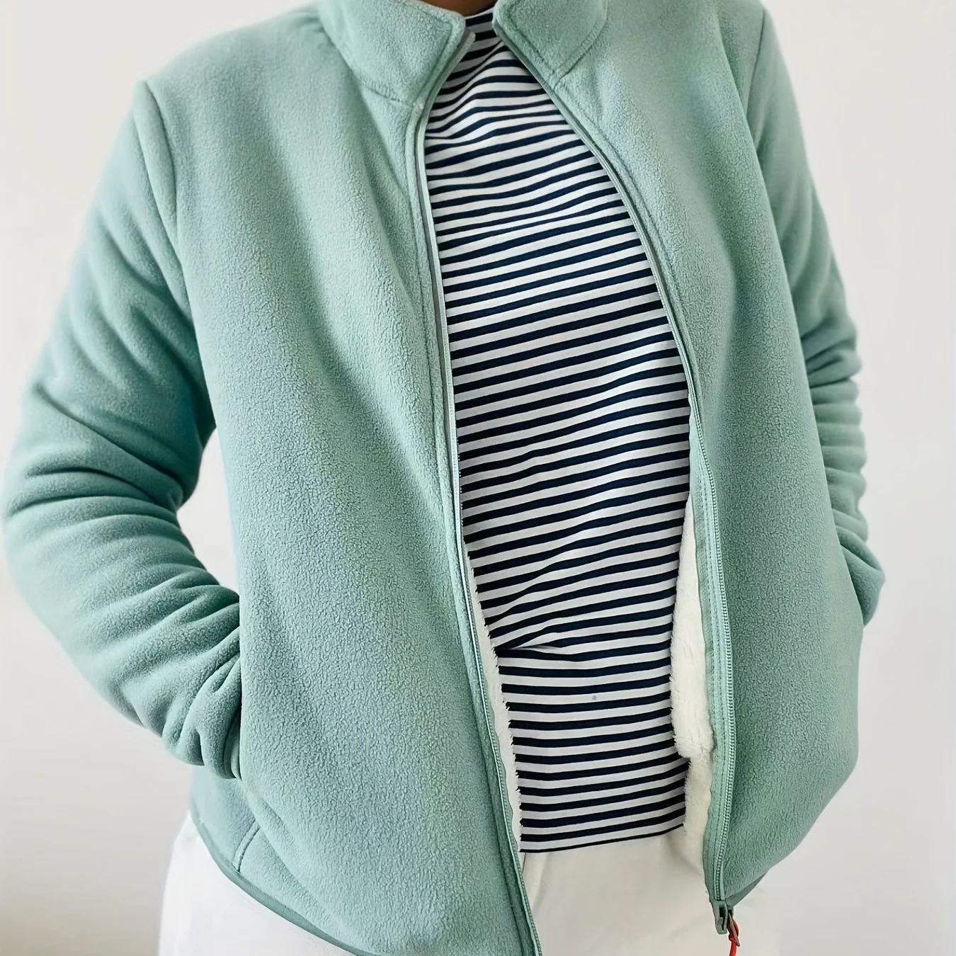 Plain Fleece Liner Outdoor Jacket, Full Zipper Long Sleeves Mock Neck For Hiking Sports Coat, Women's Activewear - Deanwangkt