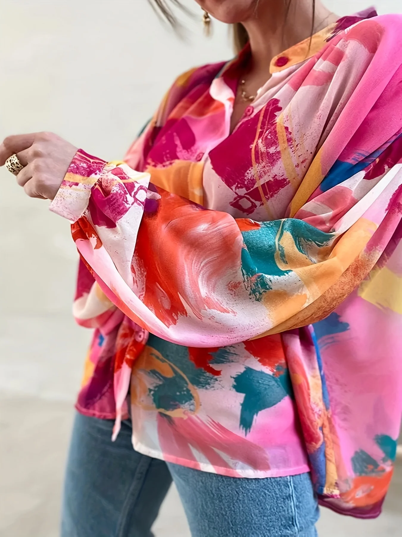 Plus Size Casual Blouse, Women's Plus Colorblock Random Print Button Up Lantern Sleeve V Neck Blouse - Deanwangkt