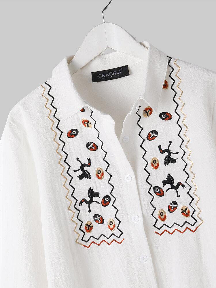 deanwangkt Women White Lapel Ethnic Embroidery Daily Casual Long Sleeve Shirts - Deanwangkt