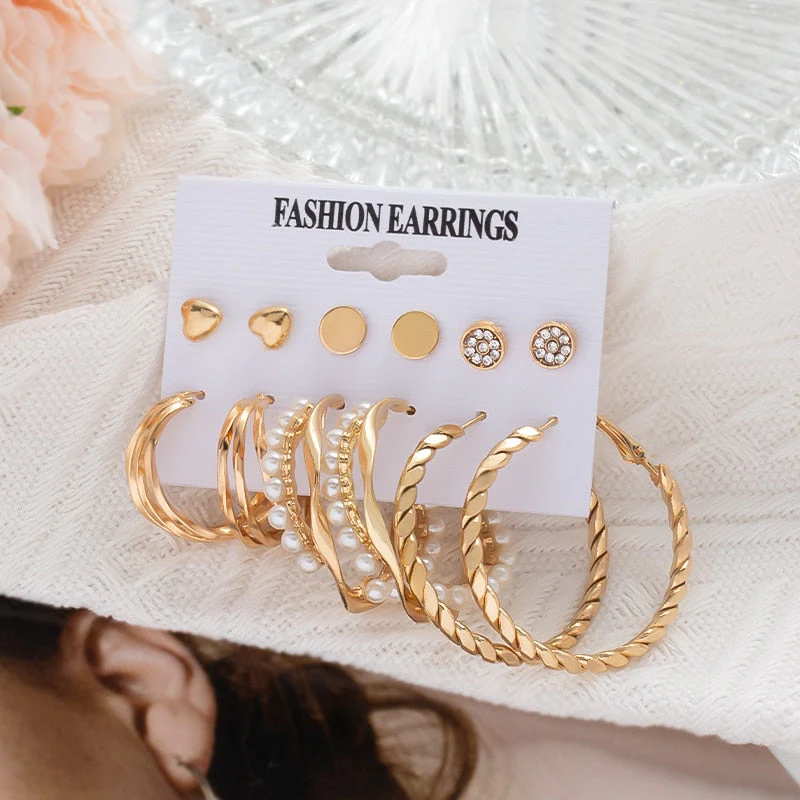 DEANWANGKT Boho Women's Earrings Vintage Punk Gold Color Metal Acrylic Big Circle Pearls Hoop Earring Set for Woman Girl Trend Jewelry - Deanwangkt