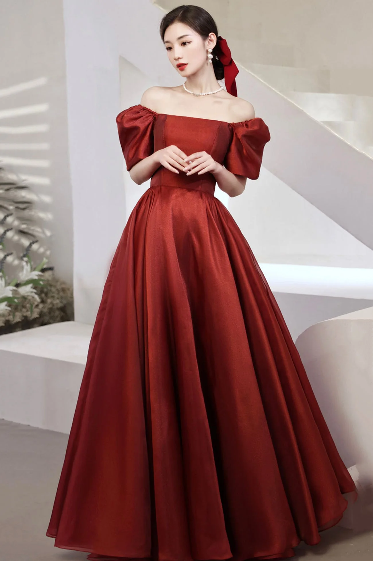 solvbao Burgundy Satin Long Prom Dresses, A-Line Short Sleeve Evening Dresses - Deanwangkt